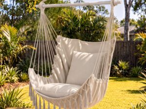 Gardeon Hammock Chair Camping Macrame Hanging Swing Cushions Metal Bar Cream