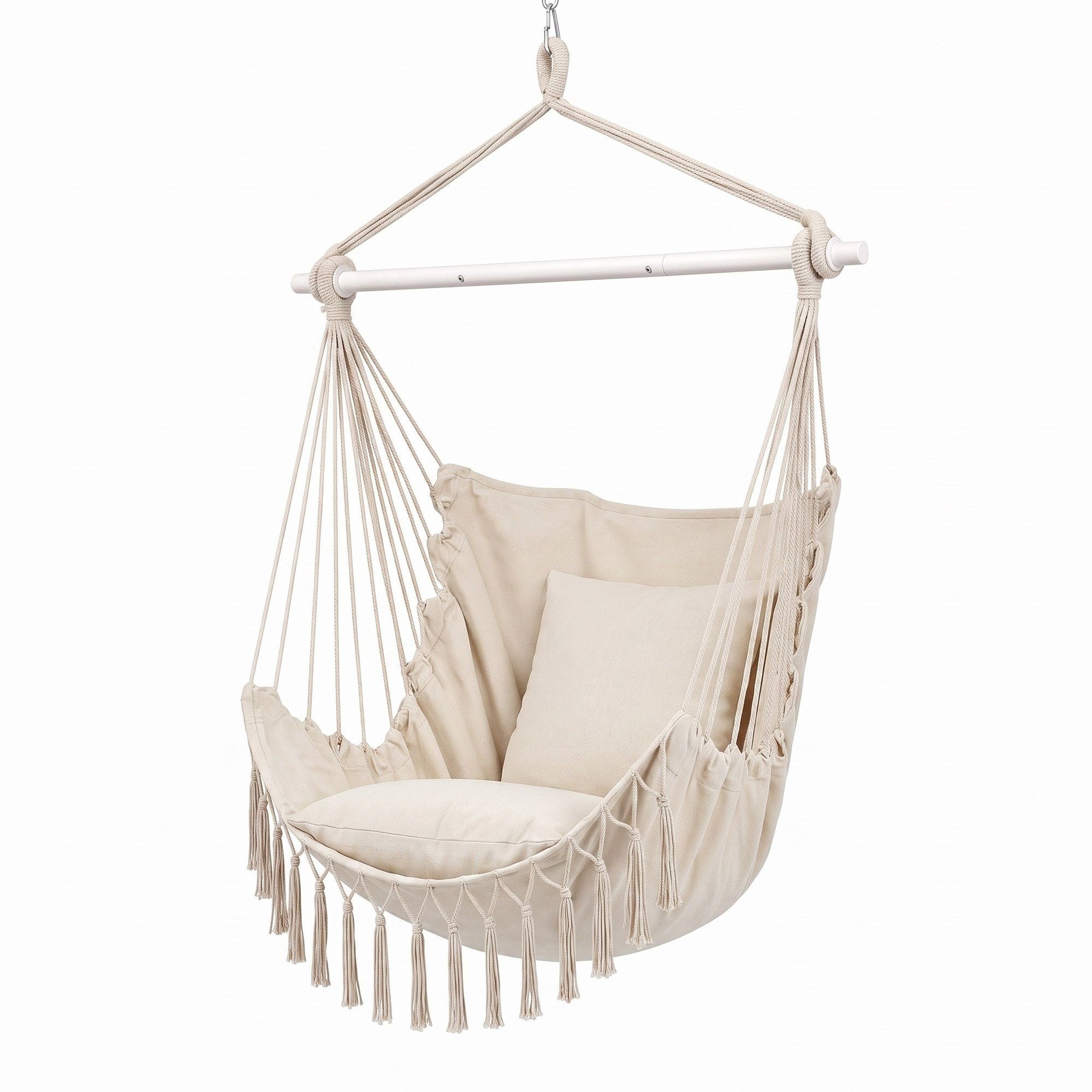 Gardeon Hammock Chair Camping Macrame Hanging Swing Cushions Metal Bar Cream