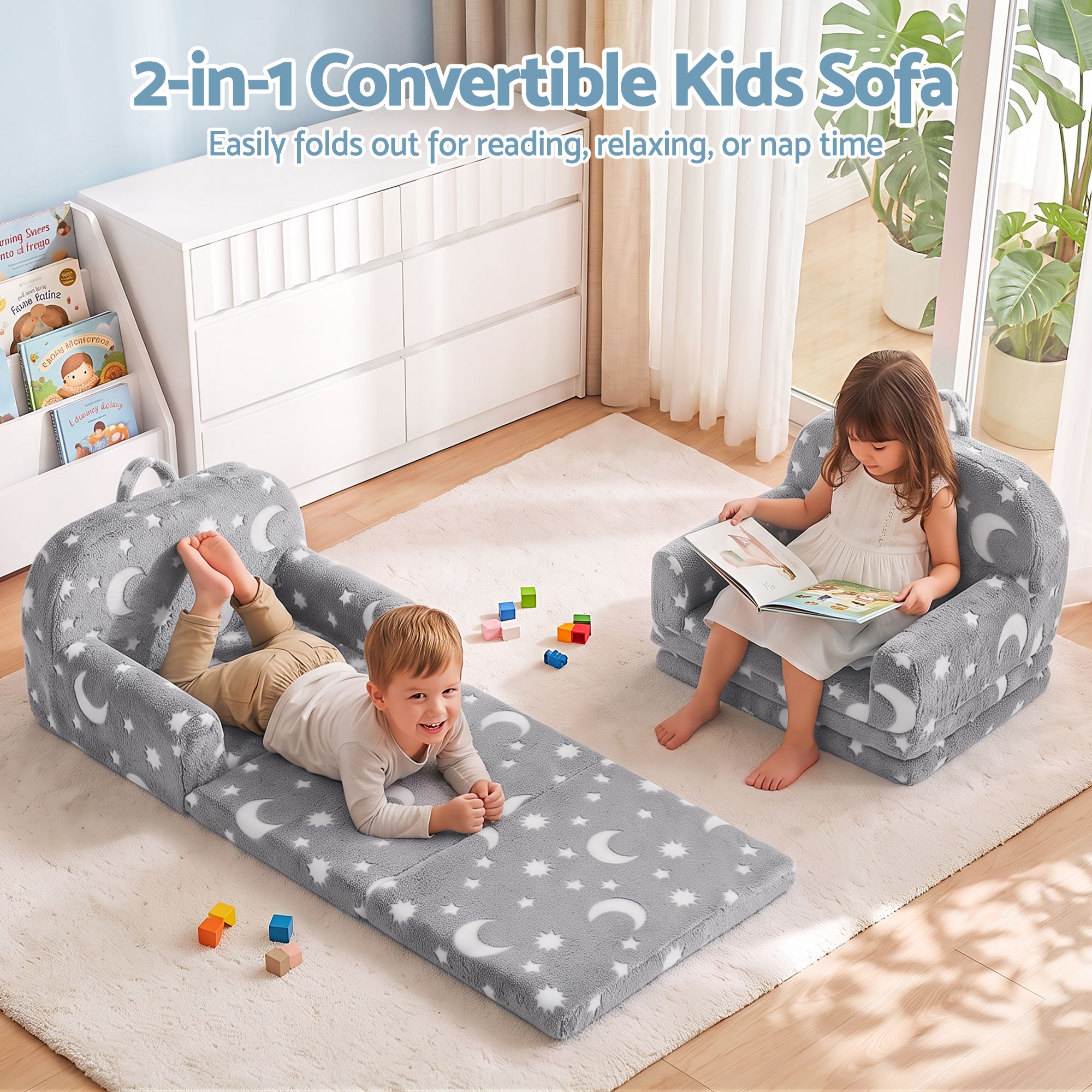 Keezi Kids 2-in-1 Fold Out Sofa Bed w/ Removable Washable Cover, Carry Handle
