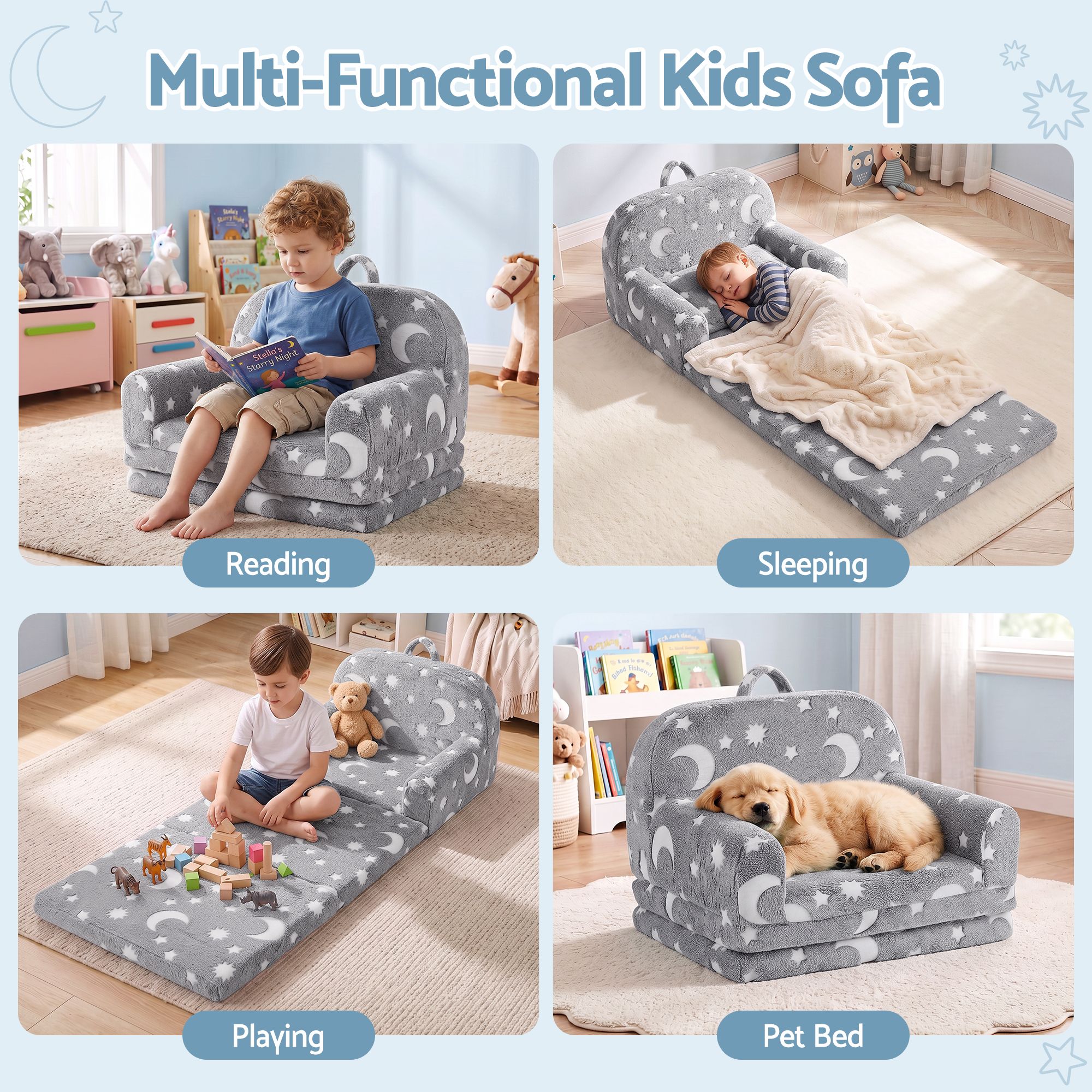 Keezi Kids 2-in-1 Fold Out Sofa Bed w/ Removable Washable Cover, Carry Handle