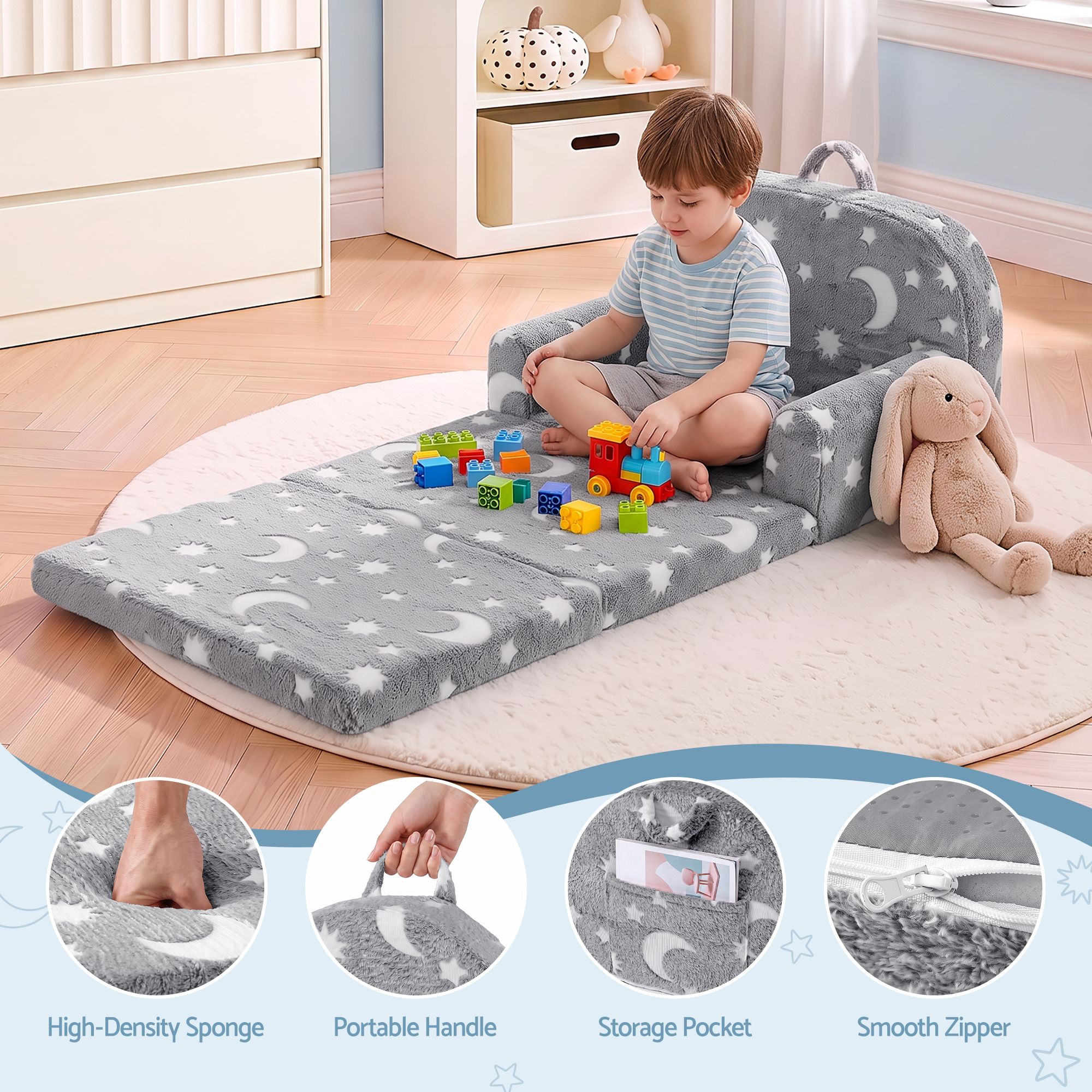Keezi Kids 2-in-1 Fold Out Sofa Bed w/ Removable Washable Cover, Carry Handle