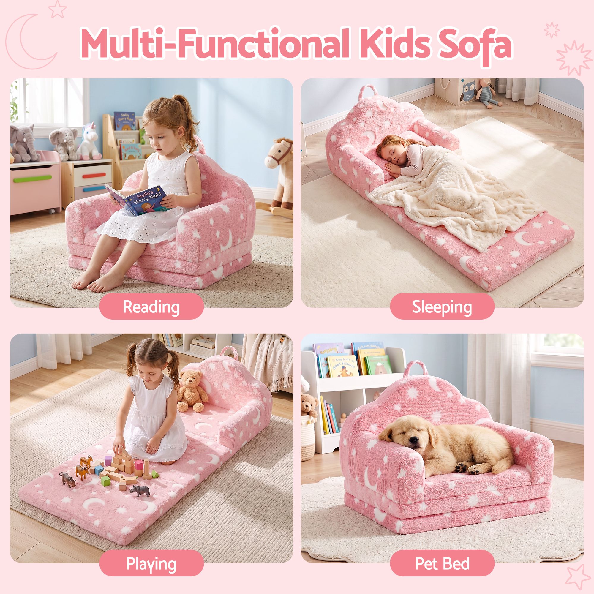 Keezi Kids 2-in-1 Fold Out Sofa Bed w/ Removable Washable Cover, Carry Handle