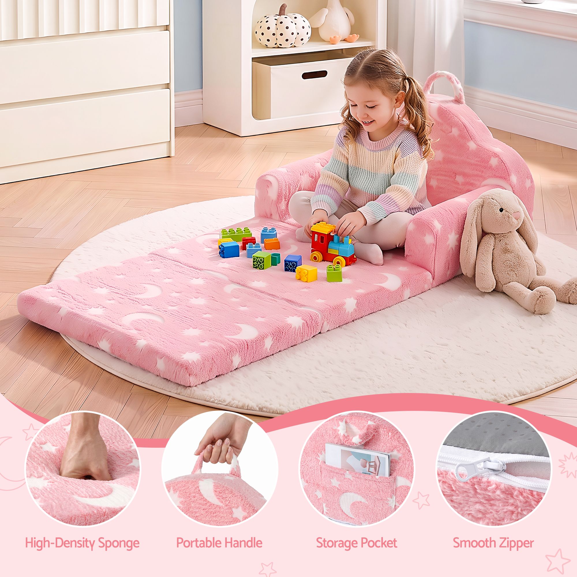 Keezi Kids 2-in-1 Fold Out Sofa Bed w/ Removable Washable Cover, Carry Handle