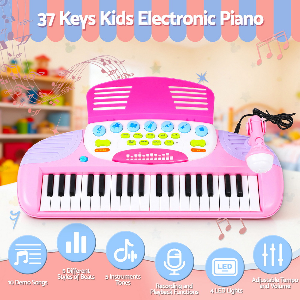 Keezi Kids Piano Keyboard 37 Keys Electronic Musical Instrument Set w/ Stool