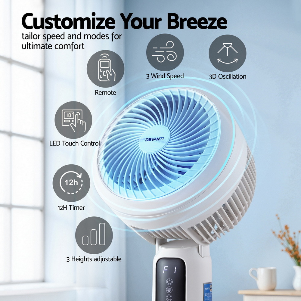 Devanti Pedestal Fan W/ Remote 3 Speed 12H Timer Height Adjustable Cooling Fan