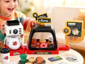 Keezi Kids Pretend Role Play Toy Coffee Shop w/ Coffee Maker Machine Play Money