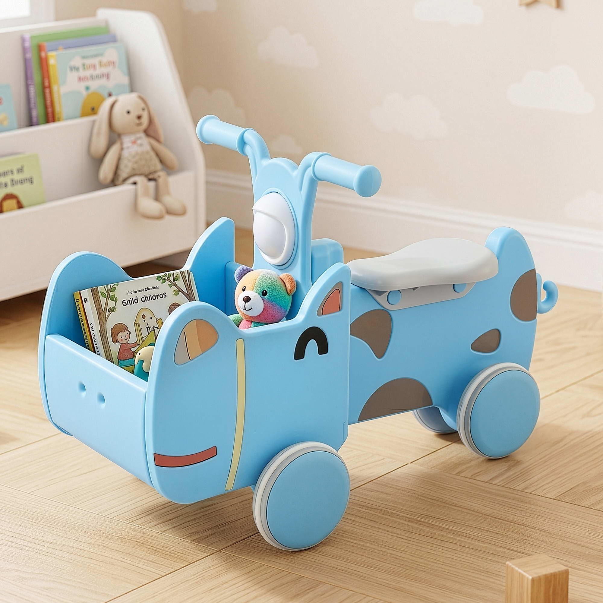 KEEZI Kids Ride On Push Car Toys w/ Storage Space Animal Stickers Blue 67CMX43CM
