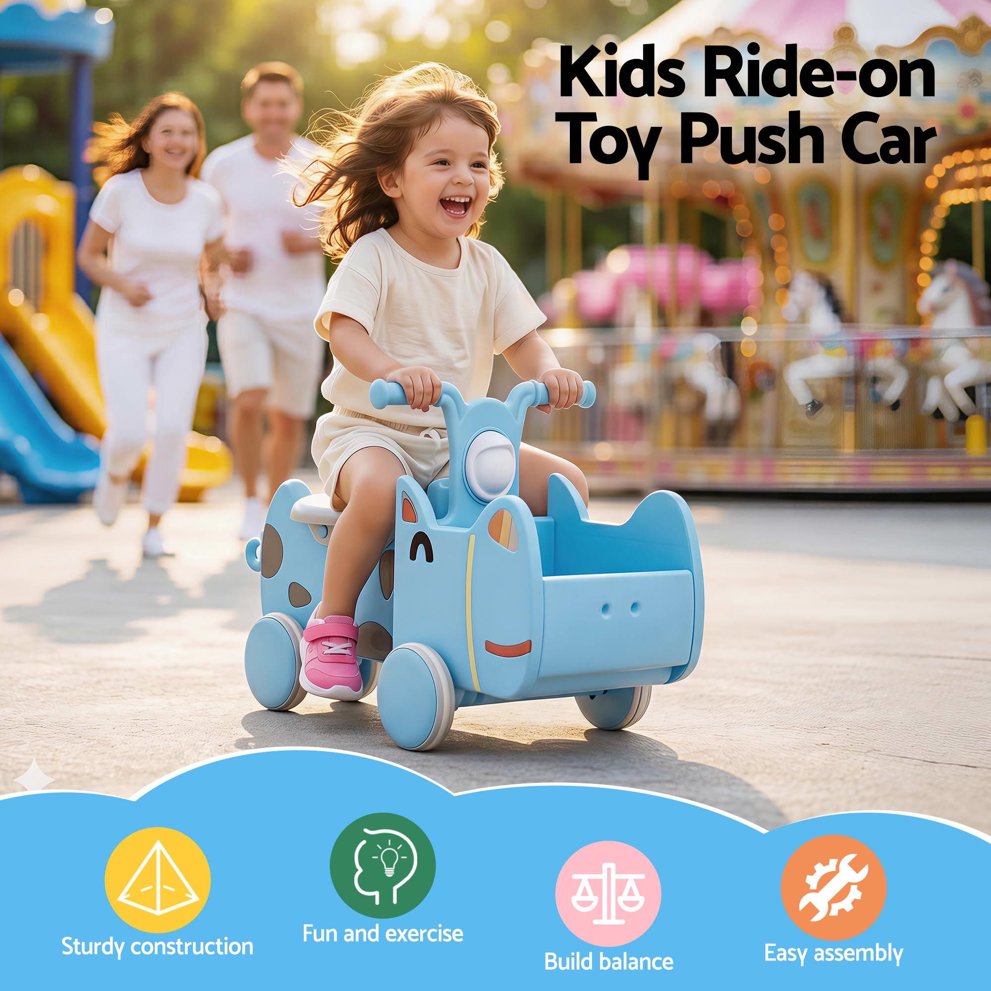 KEEZI Kids Ride On Push Car Toys w/ Storage Space Animal Stickers Blue 67CMX43CM