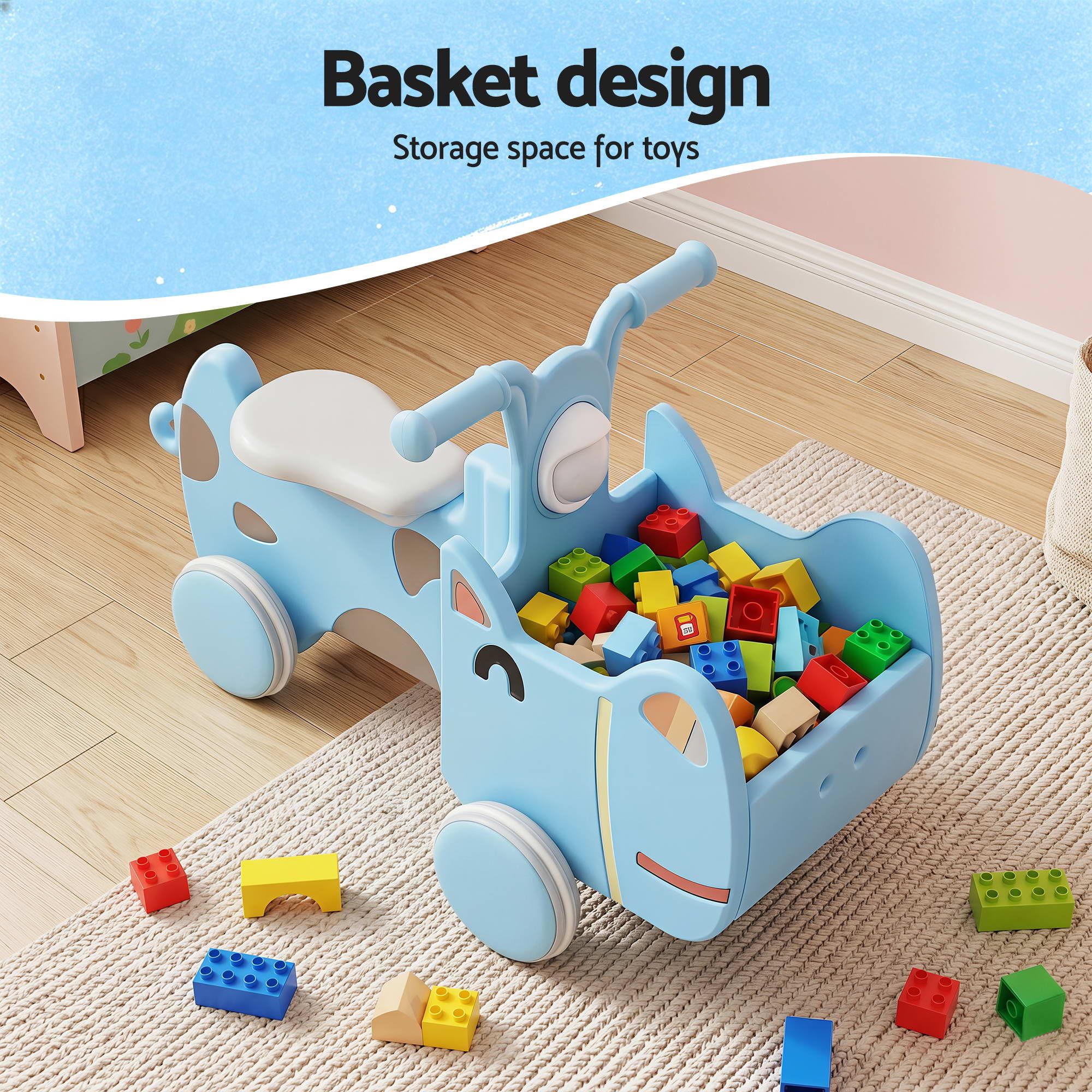 KEEZI Kids Ride On Push Car Toys w/ Storage Space Animal Stickers Blue 67CMX43CM