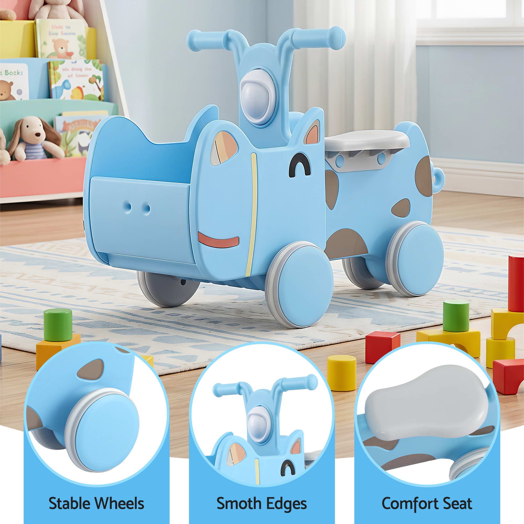 KEEZI Kids Ride On Push Car Toys w/ Storage Space Animal Stickers Blue 67CMX43CM