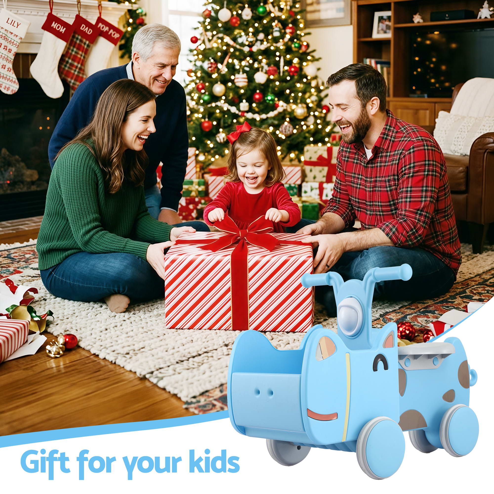 KEEZI Kids Ride On Push Car Toys w/ Storage Space Animal Stickers Blue 67CMX43CM