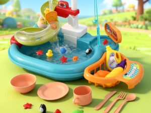 Keezi Kids Pretend Play Kitchen Sink with Faucet Floating Fishing Toys Play food