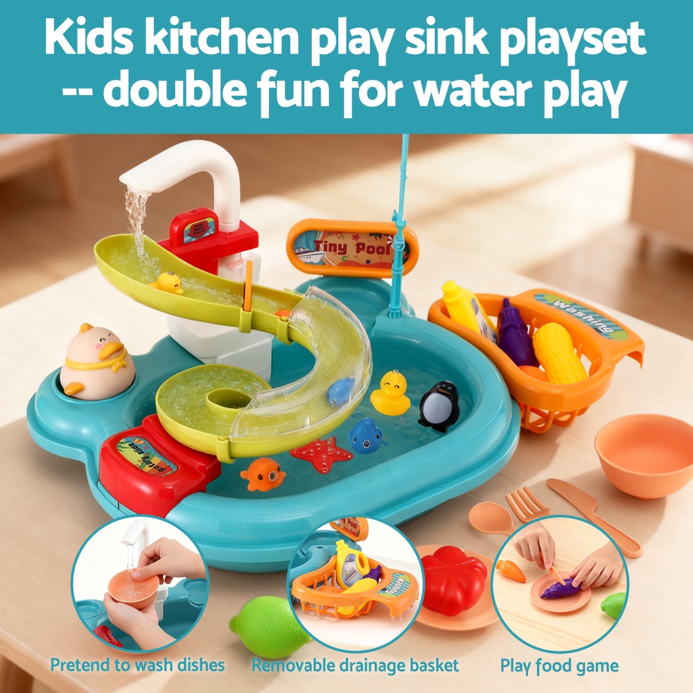 Keezi Kids Pretend Play Kitchen Sink with Faucet Floating Fishing Toys Play food