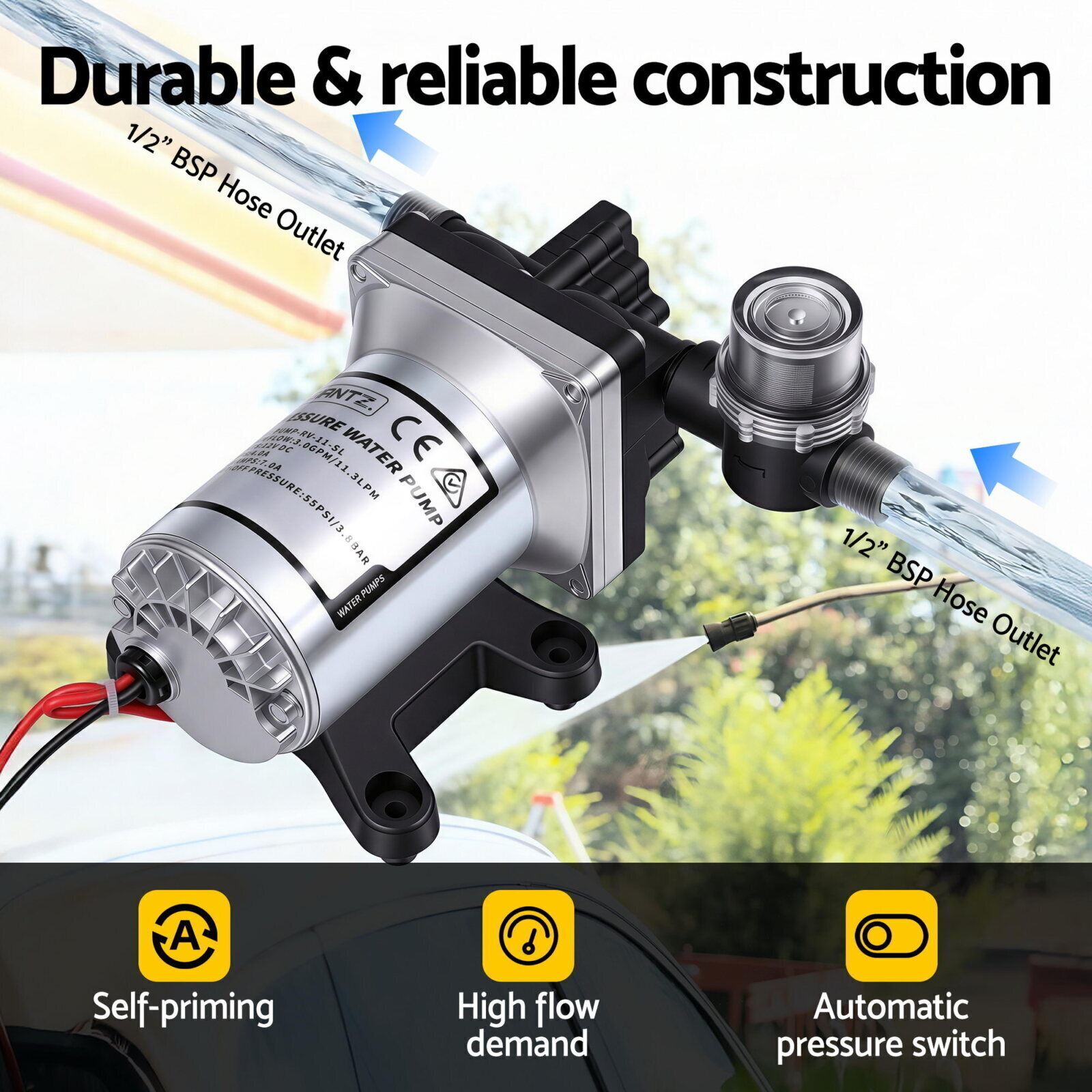 Giantz 12V Water Pump High Pressure Fast Self Priming 11.3L w/ Auto Switch for