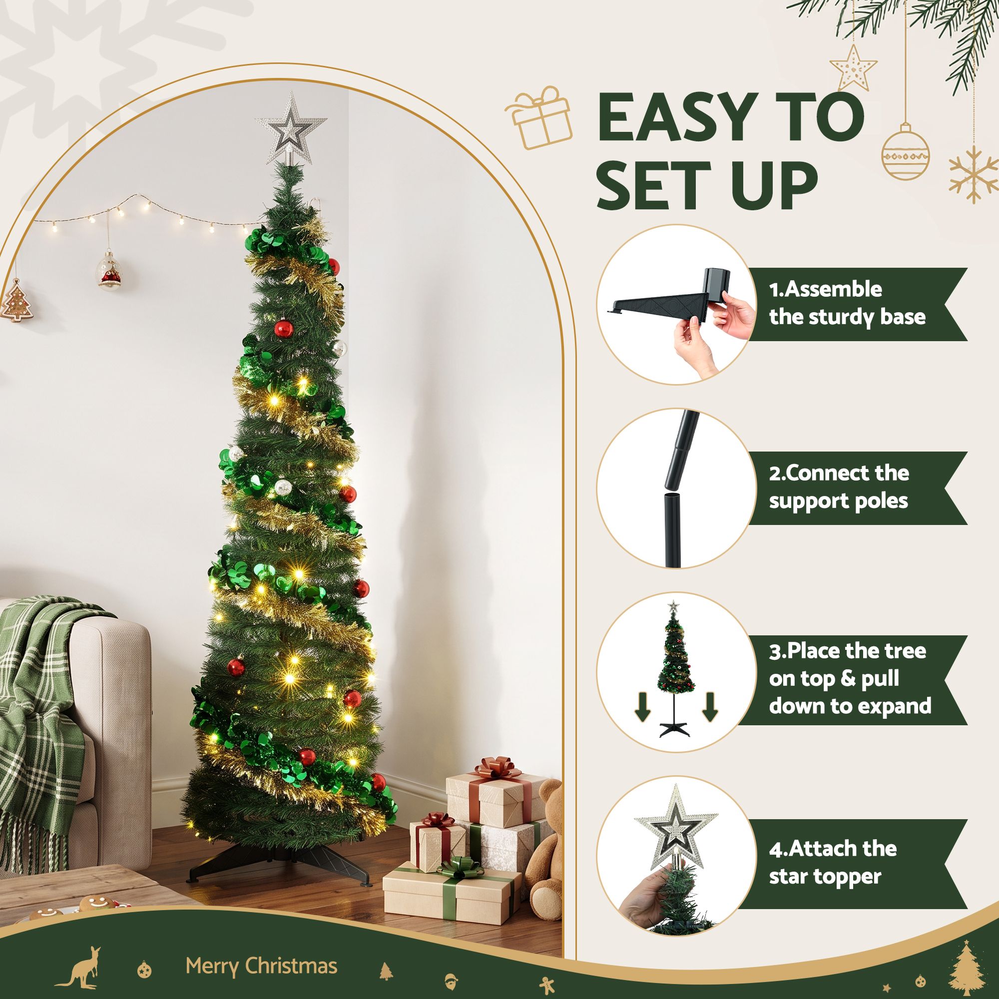 Jingle Jollys Pop Up Christmas Tree Pre Decorated Warm White LED 160cm