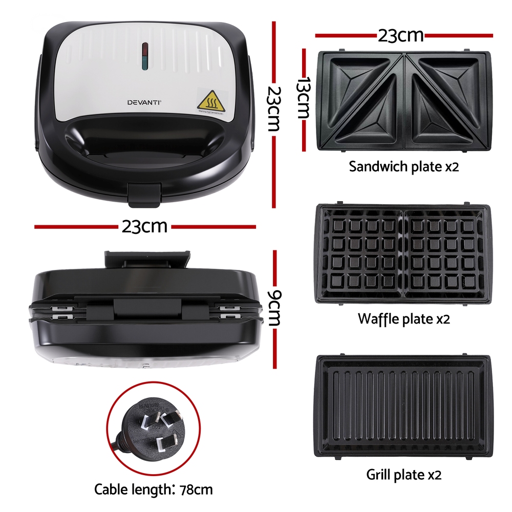 Devanti 3-in-1 Sandwich Press Waffle Maker Panini Press Grill 850W