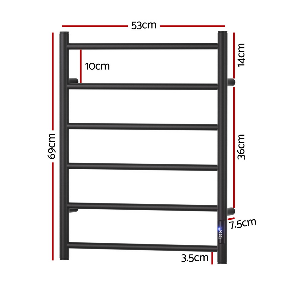 Devanti Heated Towel Rail 6 Round Bars with Timer Electric Heater Warmer Rack