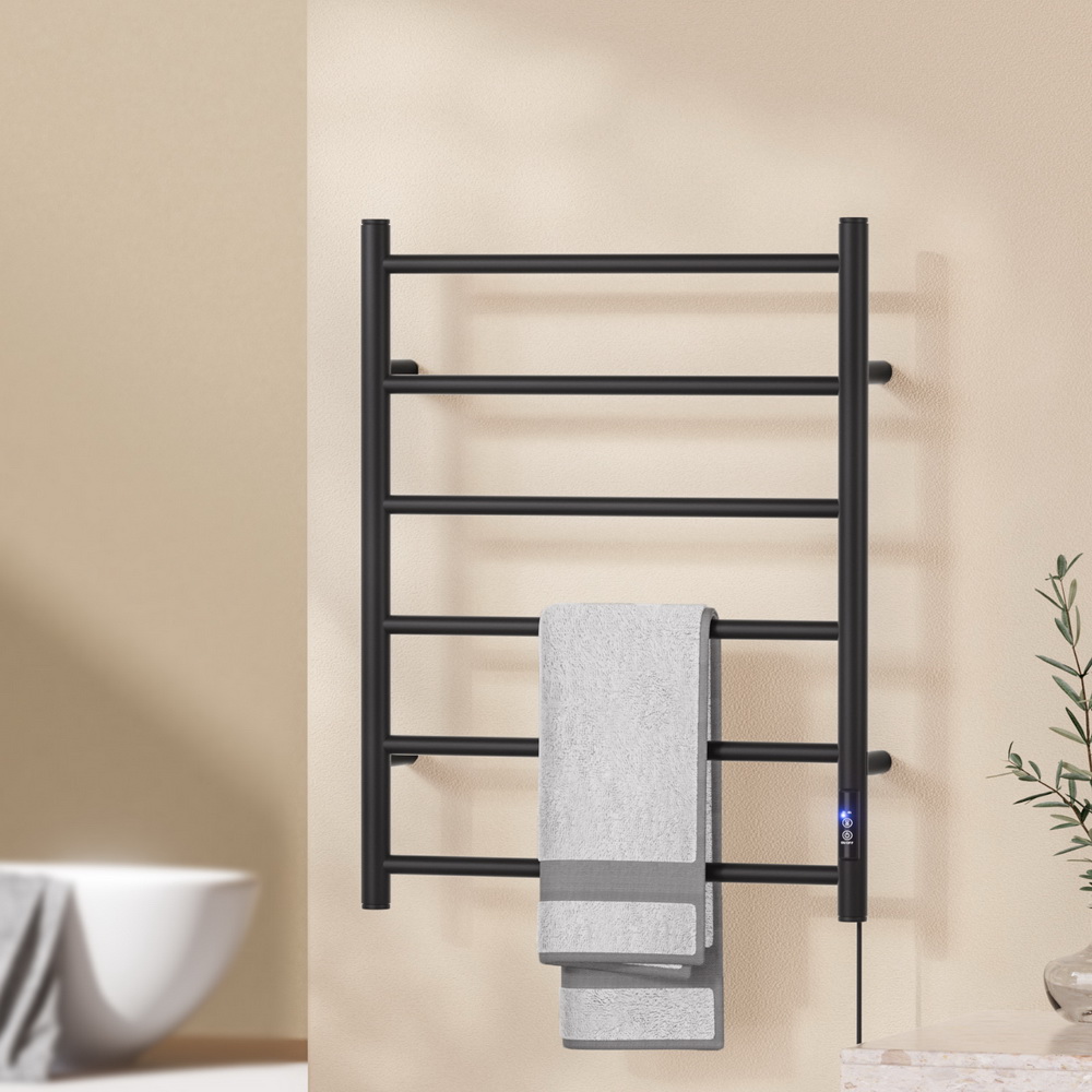 Devanti Heated Towel Rail 6 Round Bars with Timer Electric Heater Warmer Rack