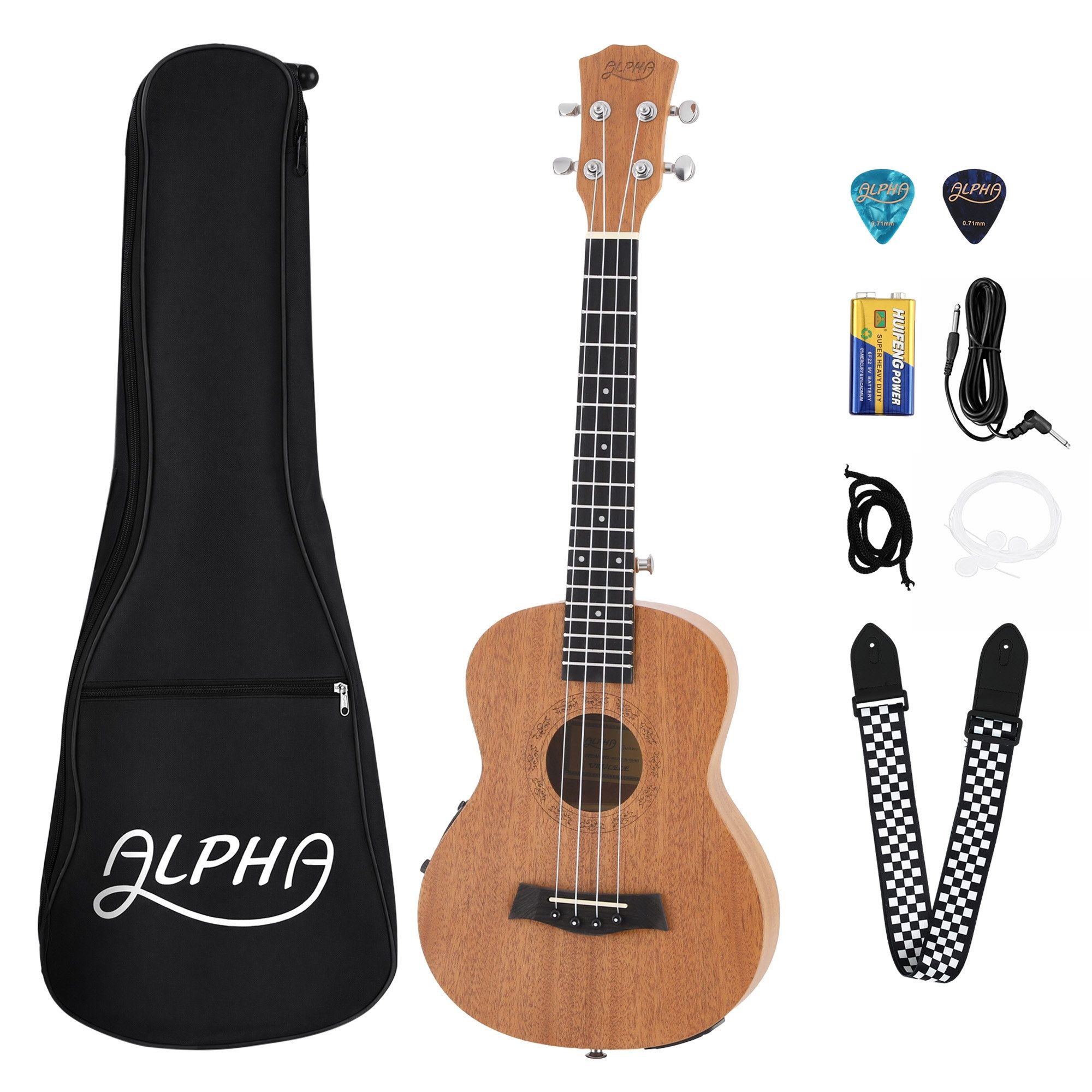 Alpha 26 Inch Solid Mahogany Tenor Ukulele Electric Acoustic EQ System Kit 18