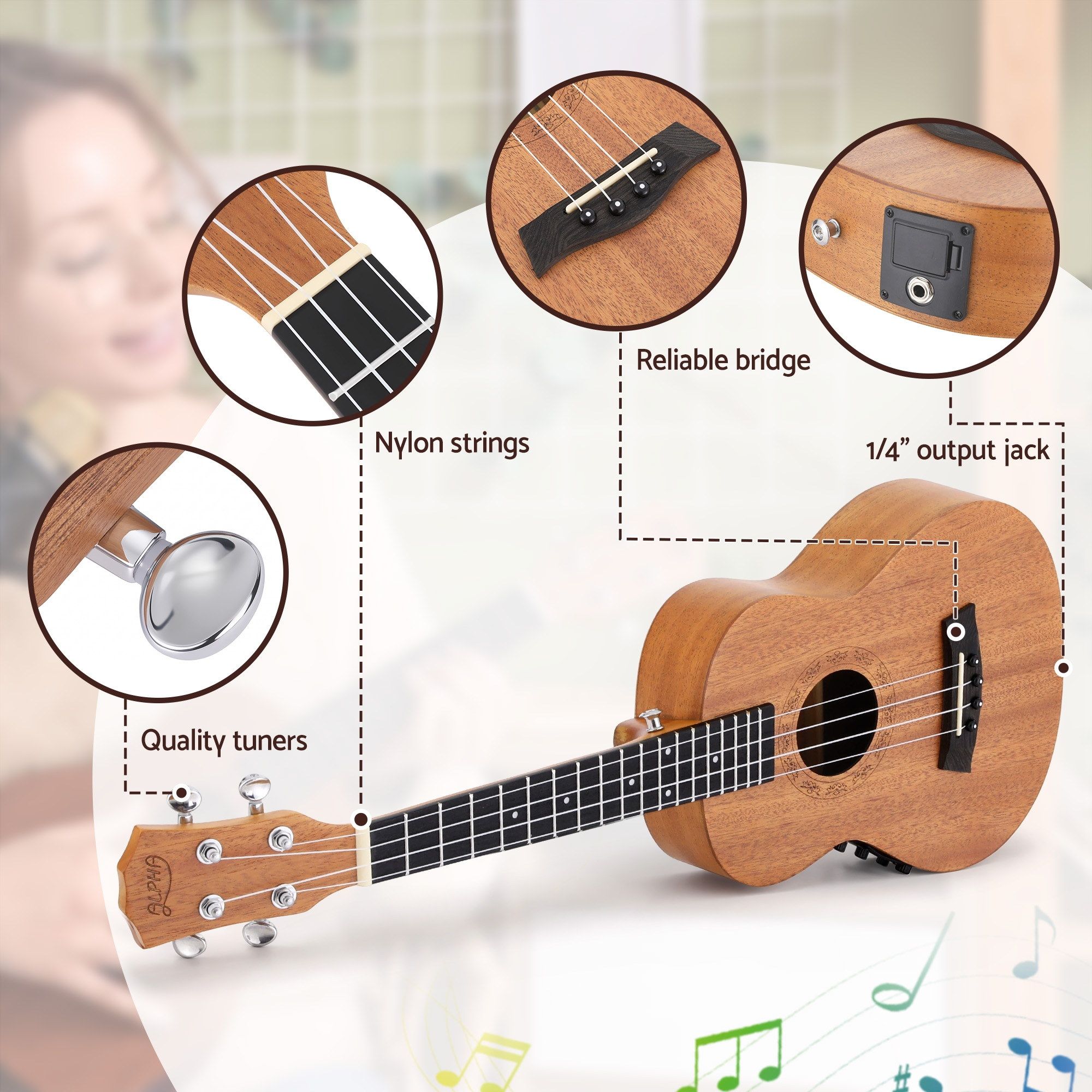 Alpha 26 Inch Solid Mahogany Tenor Ukulele Electric Acoustic EQ System Kit 18