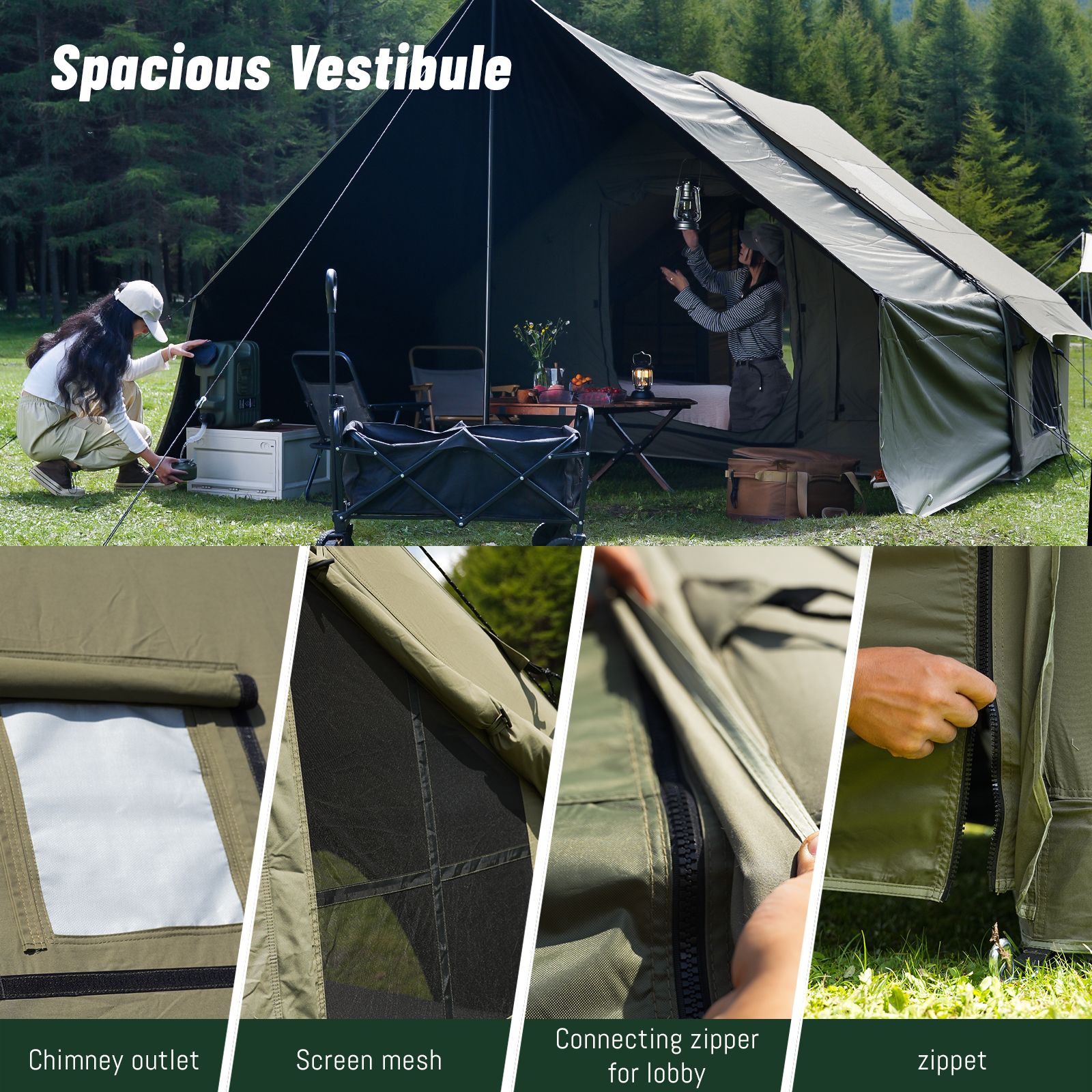 Dark Green Inflatable Camping Tent w/ Canopy, Large 4-6 Person, Waterproof