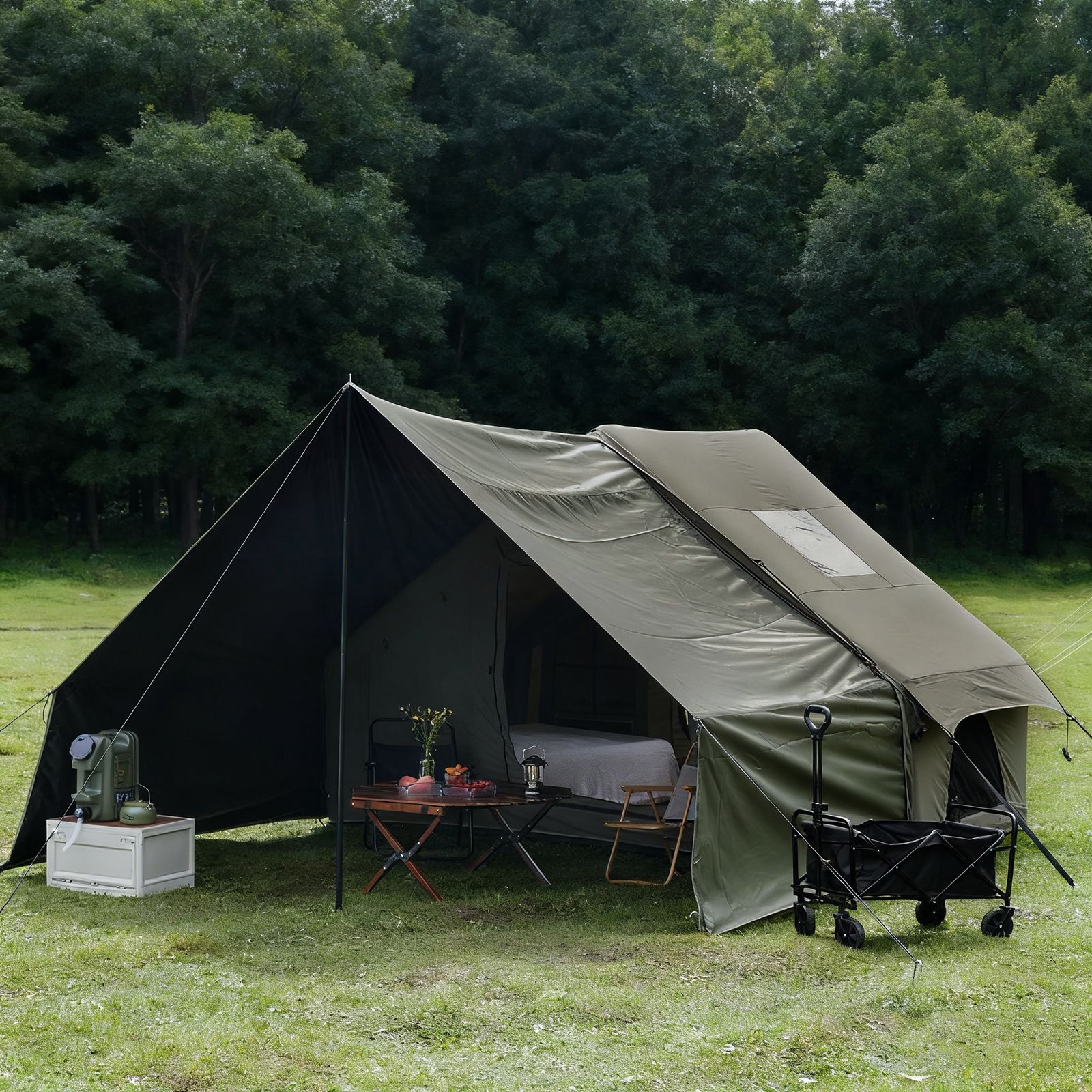 Dark Green Inflatable Camping Tent w/ Canopy, Large 4-6 Person, Waterproof