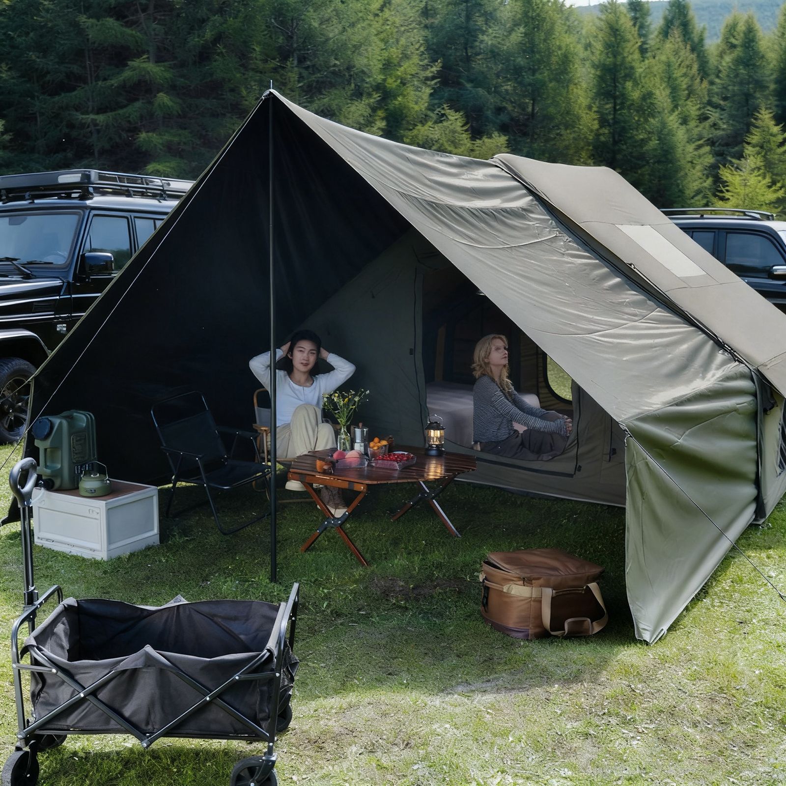 Dark Green Inflatable Camping Tent w/ Canopy, Large 4-6 Person, Waterproof