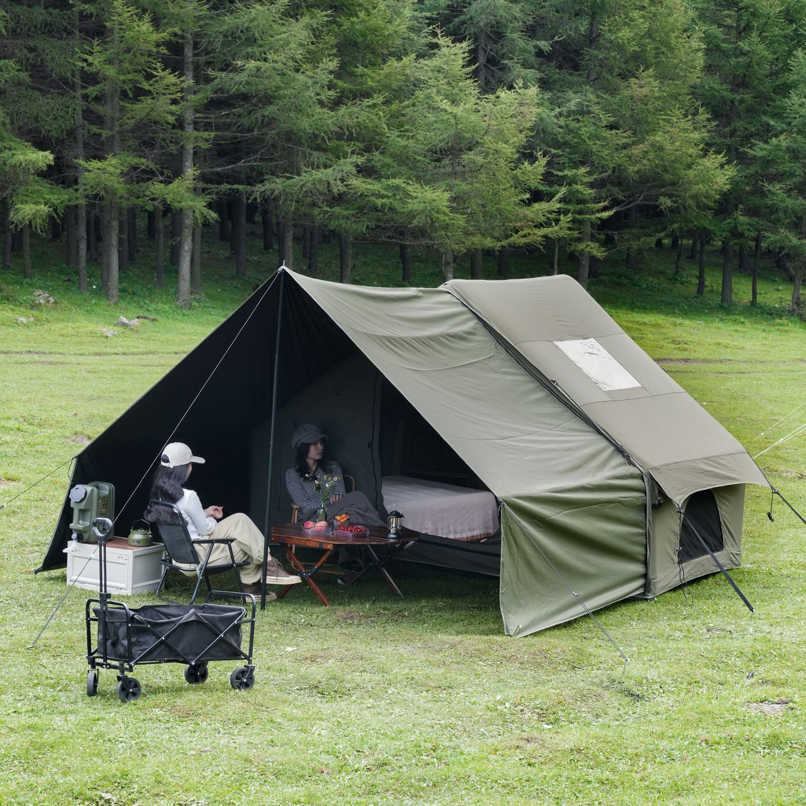 Dark Green Inflatable Camping Tent w/ Canopy, Large 4-6 Person, Waterproof