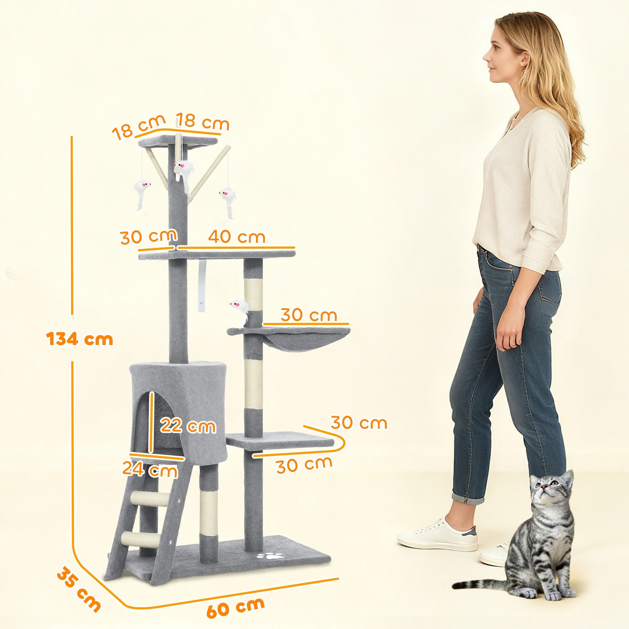CARLA HOME 134cm Cat Tree for Indoor Cats w/ Hammock, Plush Perch & Sisal