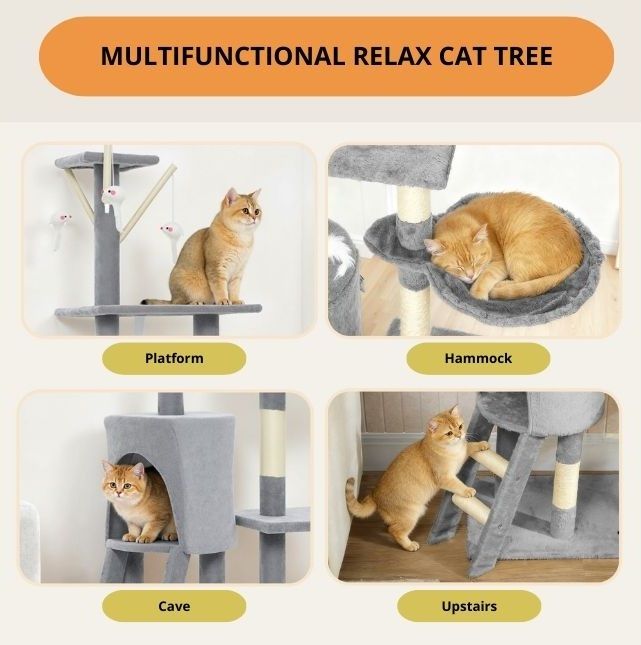 CARLA HOME 134cm Cat Tree for Indoor Cats w/ Hammock, Plush Perch & Sisal