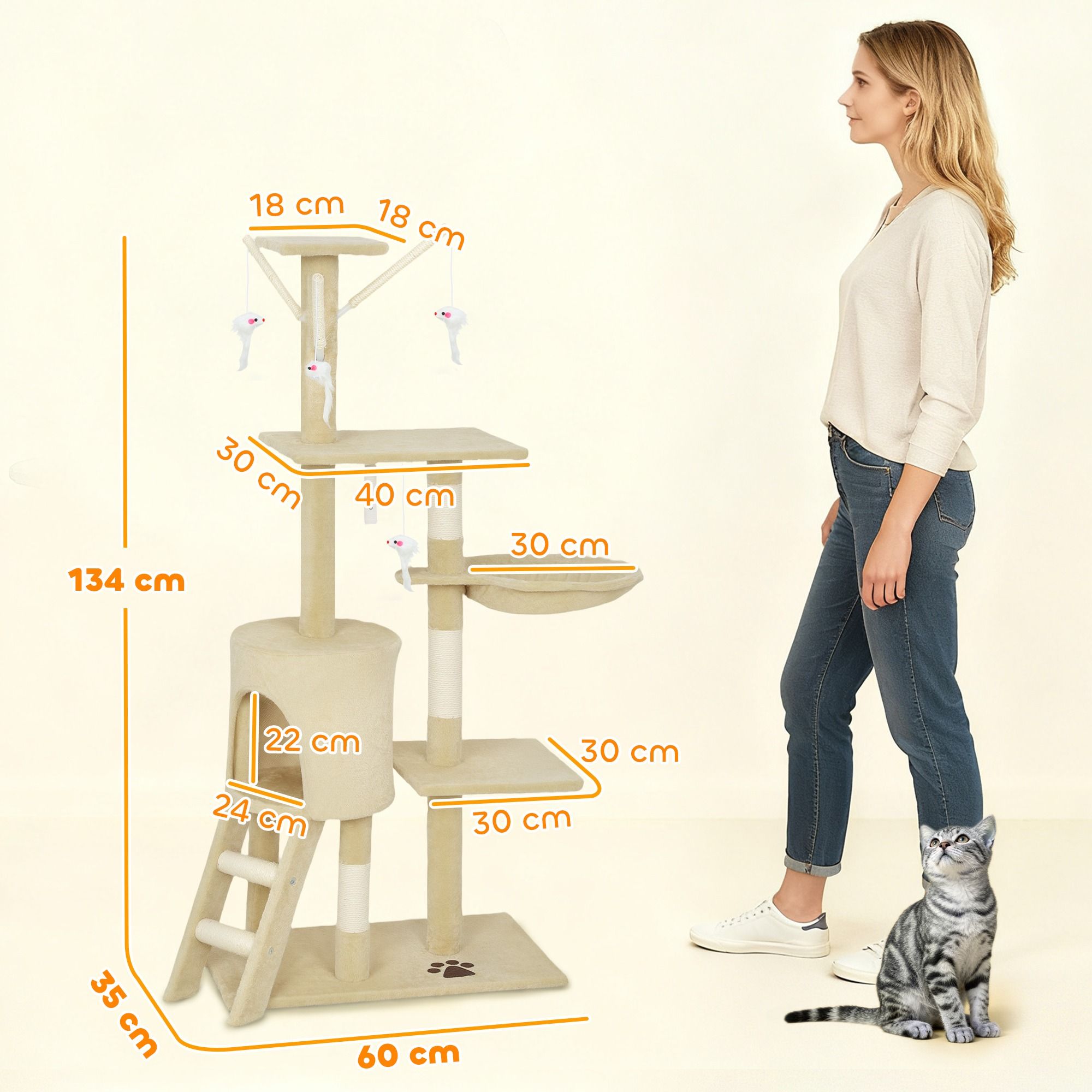 CARLA HOME 134cm Cat Tree for Indoor Cats w/ Hammock, Plush Perch & Sisal