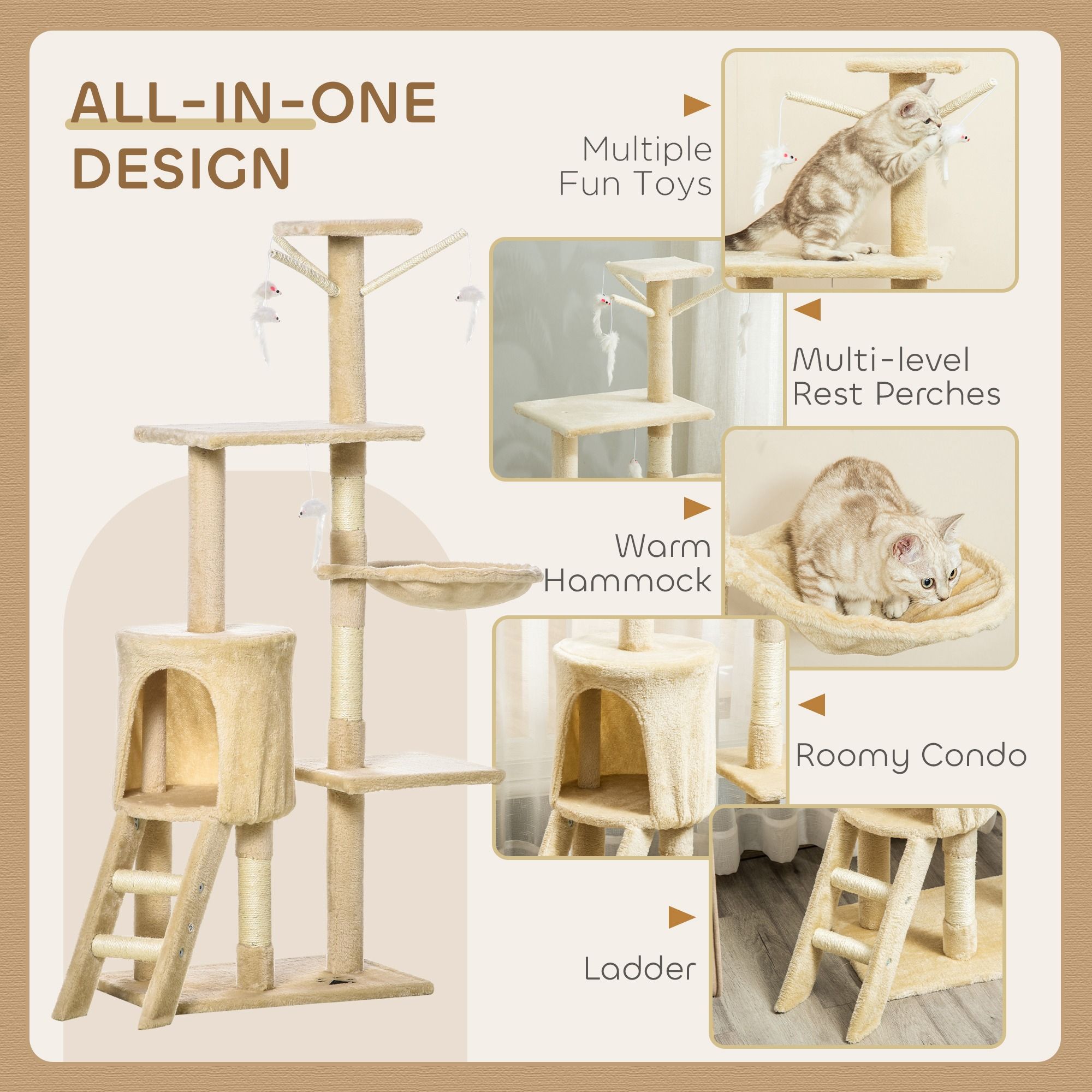 CARLA HOME 134cm Cat Tree for Indoor Cats w/ Hammock, Plush Perch & Sisal