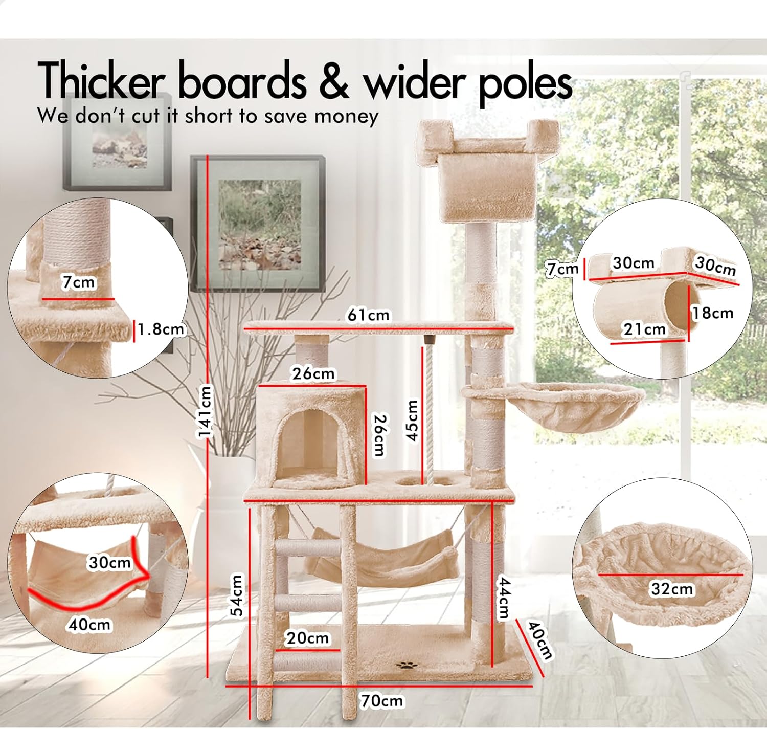 CARLA HOME 141cm Cat Tree Tower for Indoor Cats w/ Plush Perch, Ladder, Sisal