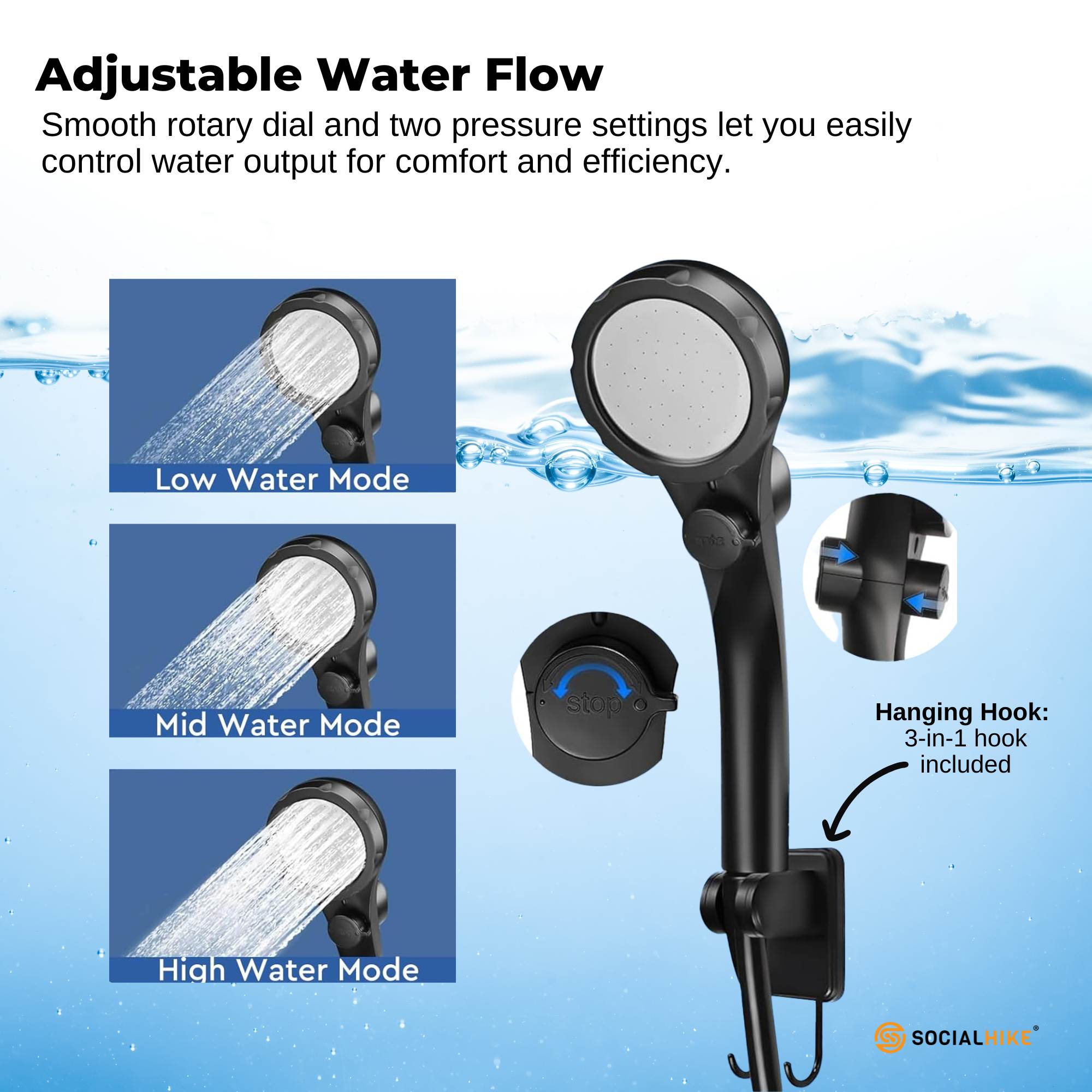 Social Hike Portable Camping Shower Kit - 6000MAh Outdoor Rechargeable Pump LED