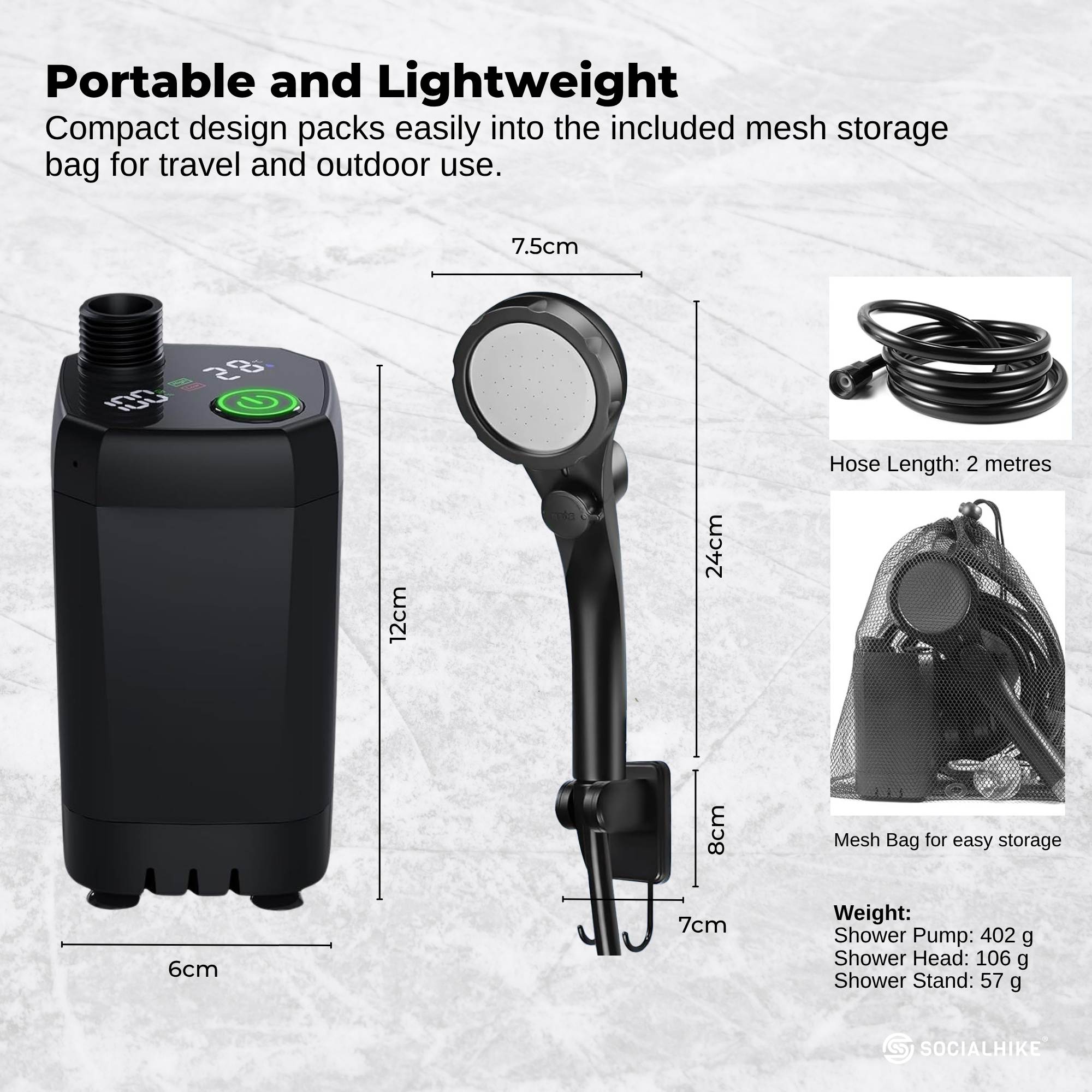 Social Hike Portable Camping Shower Kit - 6000MAh Outdoor Rechargeable Pump LED