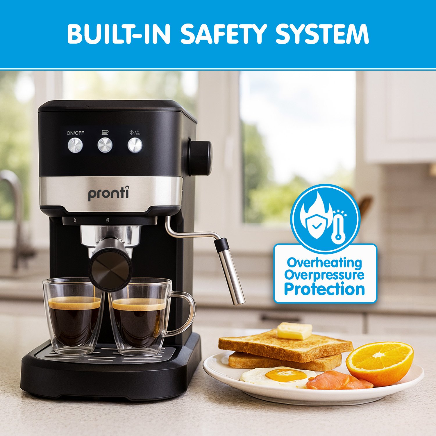 Pronti KCM-850D Coffee Machine 20 Bar Espresso Maker w/ Milk Frother & 1.25L