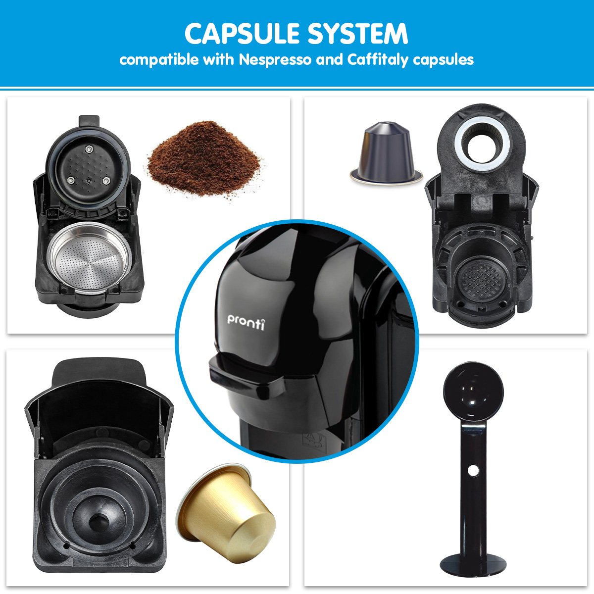 Pronti HomeMaid 3-in-1 Coffee Machine Multi-Capsule Pods & Ground Coffee