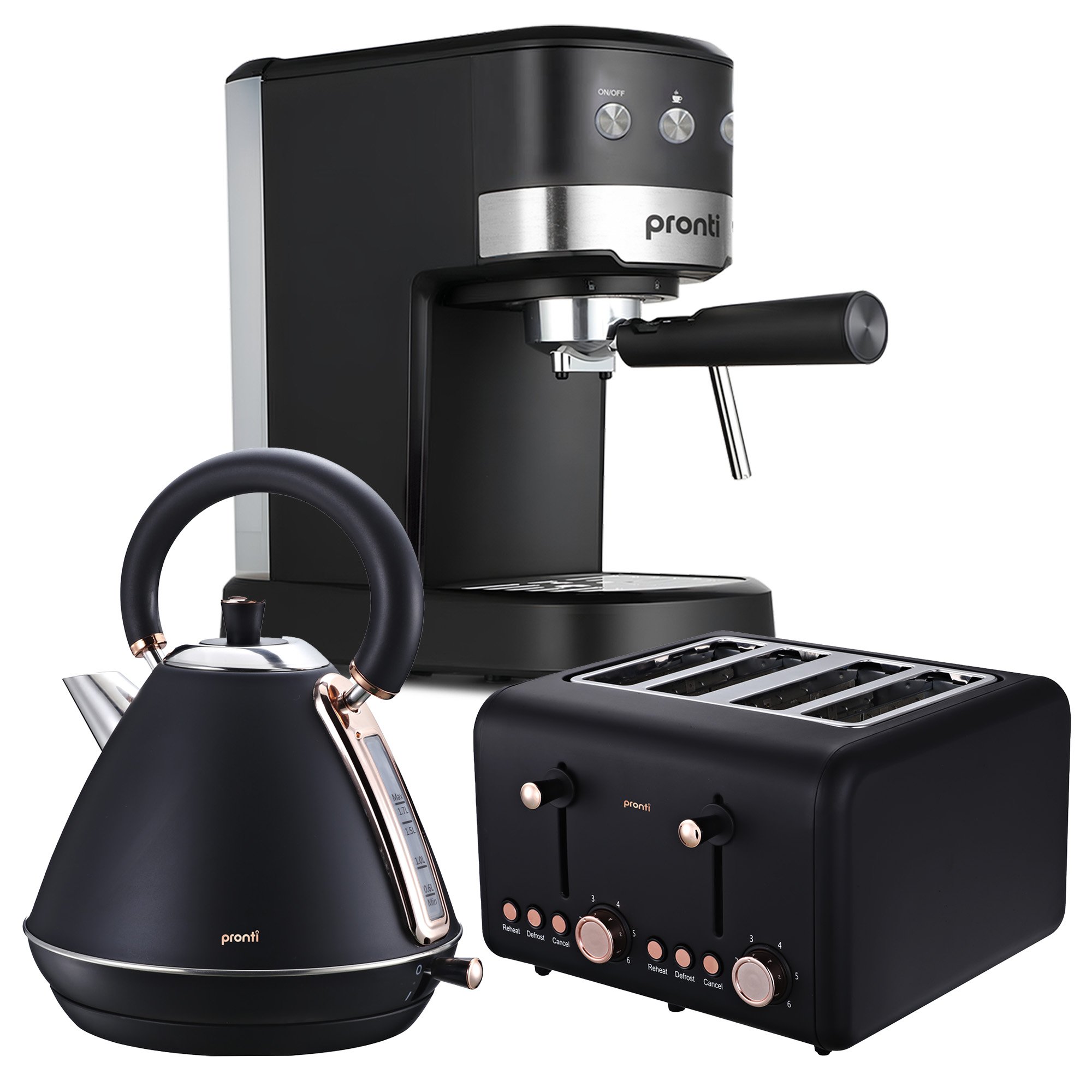 Pronti Breakfast Set w/ Rose Gold Kettle & Toaster w/ 1.2L Espresso Machine