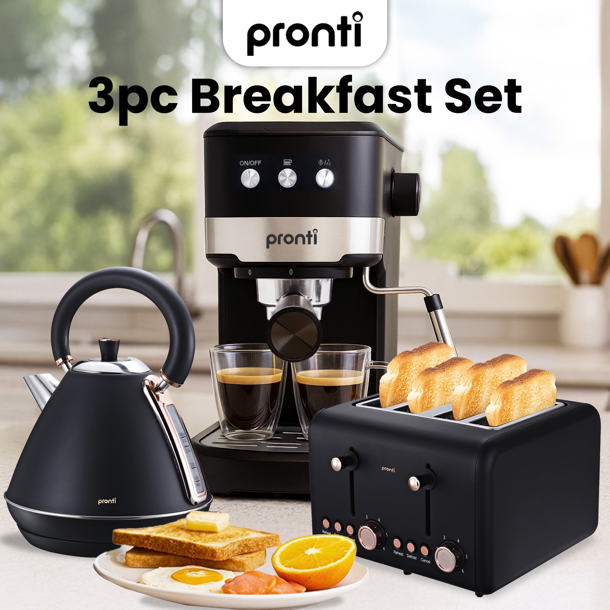 Pronti Breakfast Set w/ Rose Gold Kettle & Toaster w/ 1.2L Espresso Machine