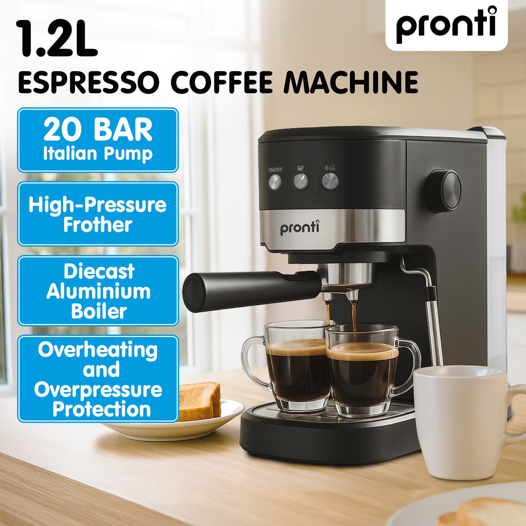 Pronti Breakfast Set w/ Rose Gold Kettle & Toaster w/ 1.2L Espresso Machine