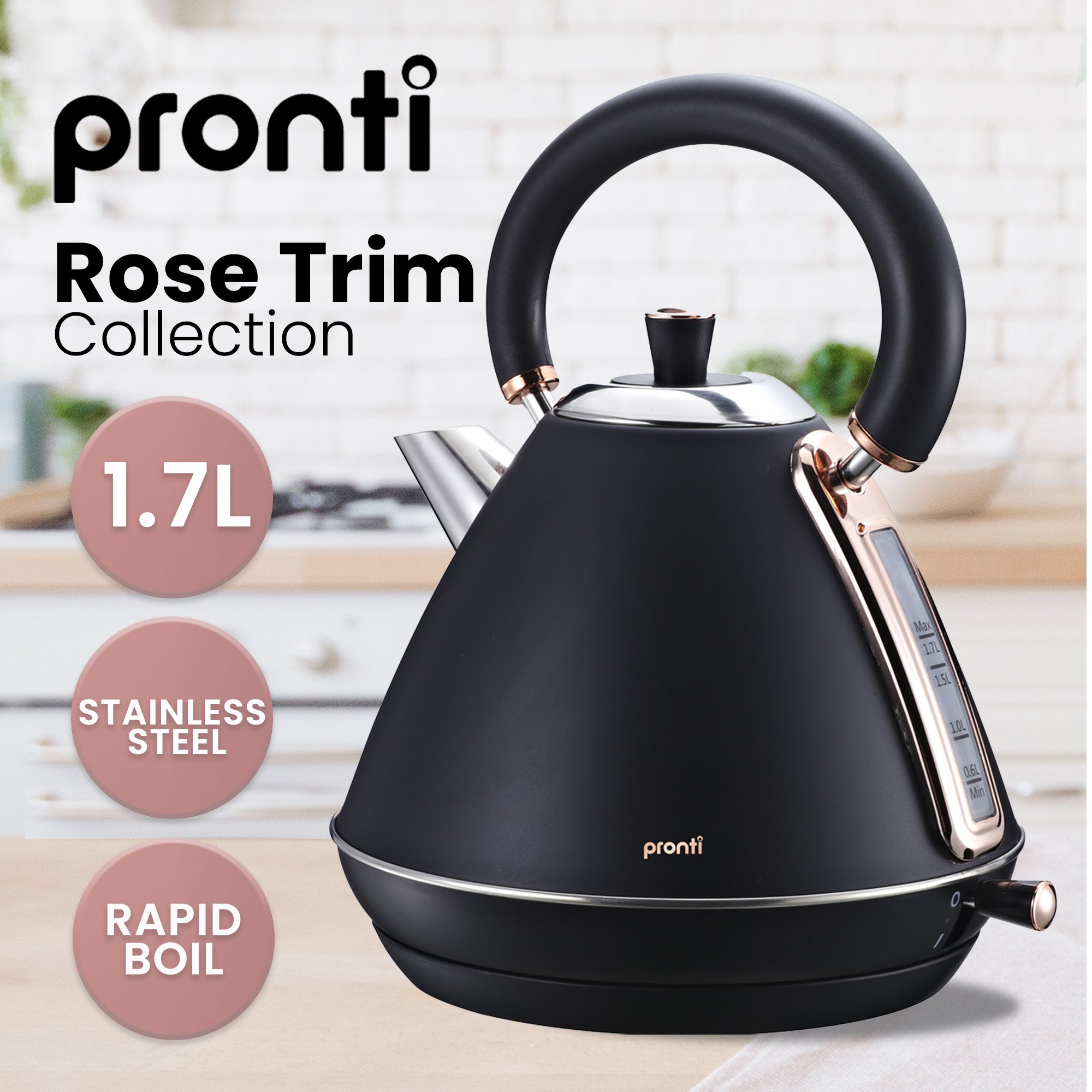 Pronti Breakfast Set w/ Rose Gold Kettle & Toaster w/ 1.2L Espresso Machine