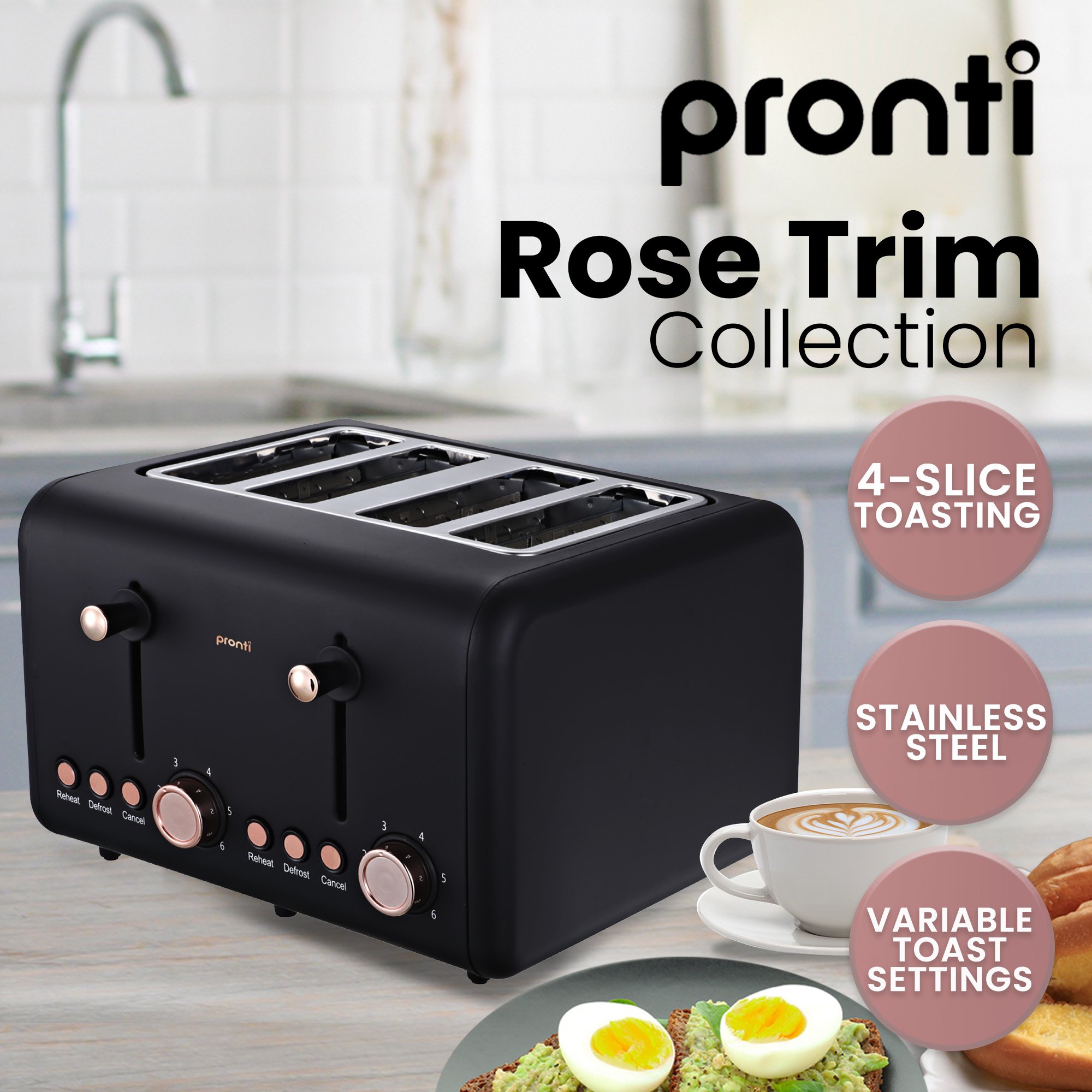Pronti Breakfast Set w/ Rose Gold Kettle & Toaster w/ 1.2L Espresso Machine
