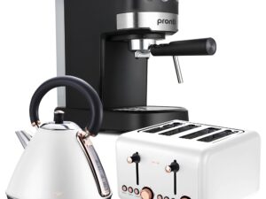 Pronti Breakfast Set w/ Rose Gold Kettle & Toaster w/ 1.2L Espresso Machine