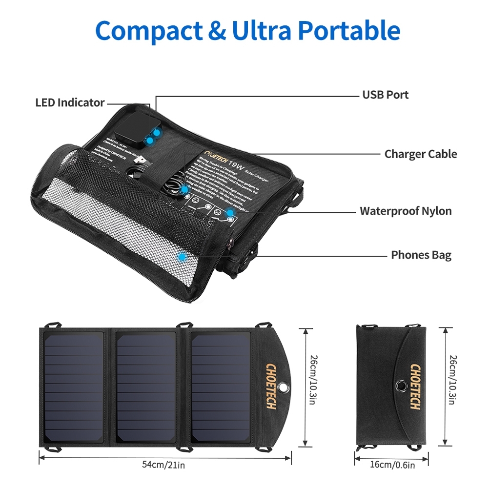 CHOETECH SC001 19W Portable Solar Panel Charger SunPower Panels Dual USB Charger