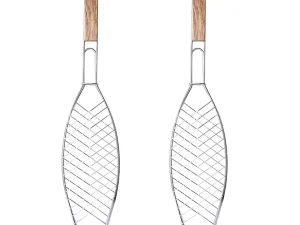 Barbecue Net Clamp Iron Wire Mesh with Wooden Handle for Camping Grill - 43x15cm