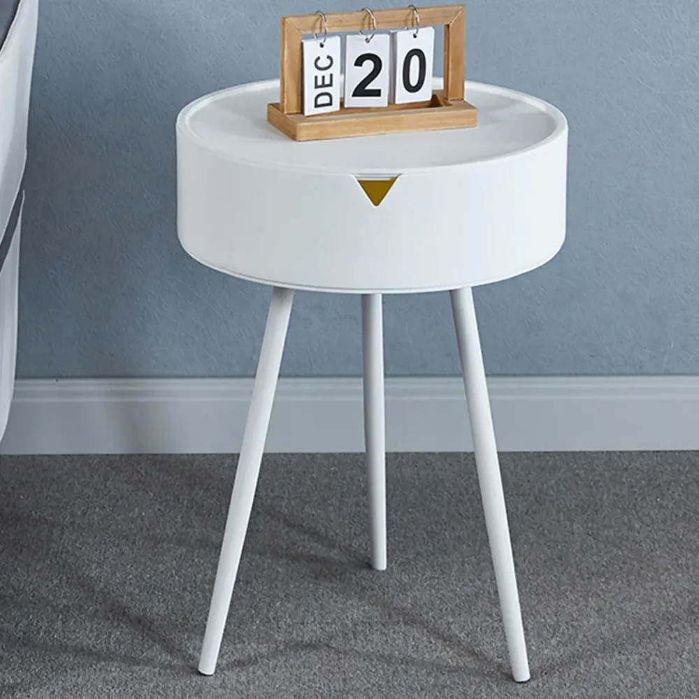 Modern Round Bedside Table with Storage White Small Coffee Side Table 40cm