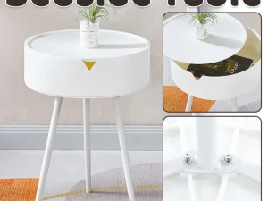 Modern Round Bedside Table with Storage White Small Coffee Side Table 40cm