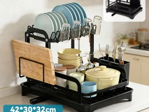 Kitchen Dish Drying Rack 2 Tier Carbon Steel Black 42x30x32cm Telescopic Drain