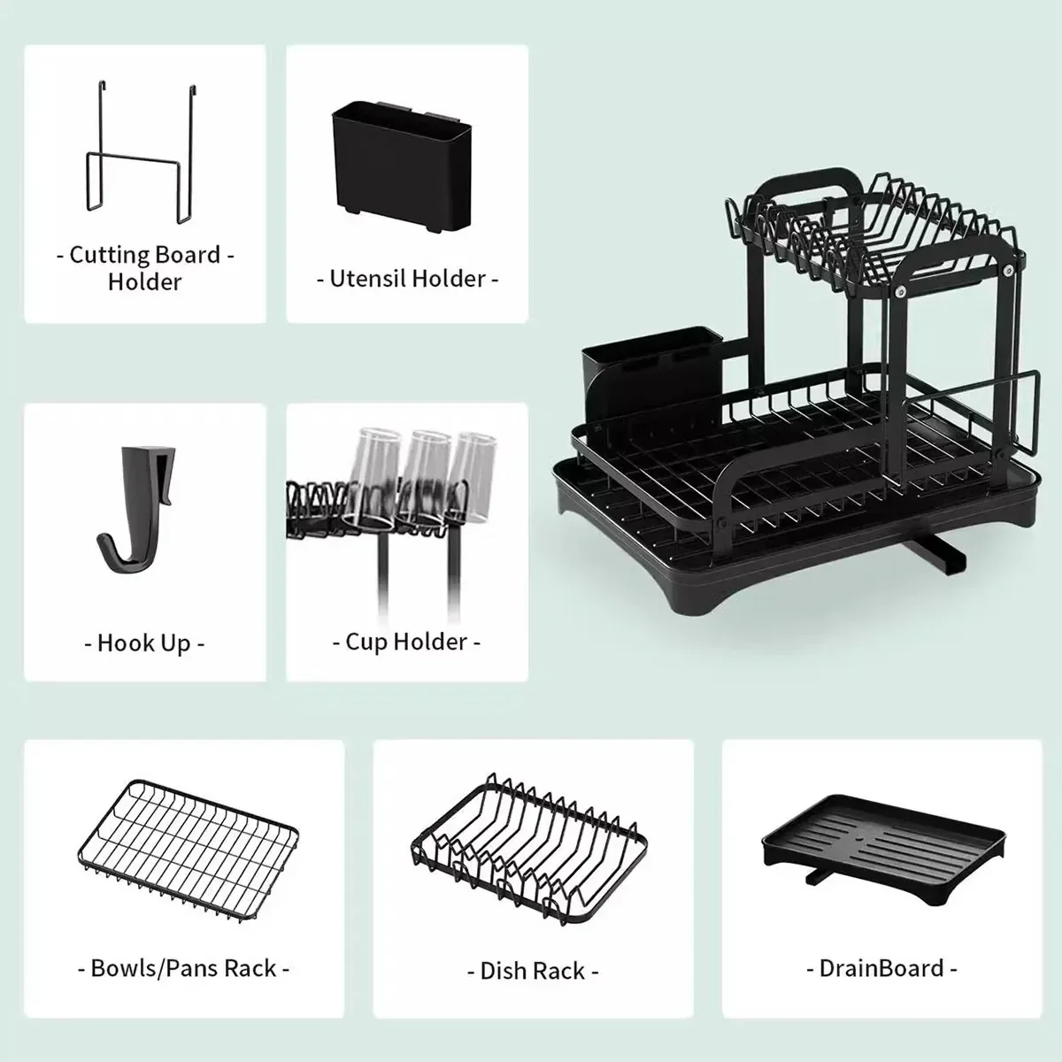 Kitchen Dish Drying Rack 2 Tier Carbon Steel Black 42x30x32cm Telescopic Drain