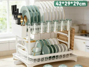 Kitchen Dish Drying Rack 2 Tier Carbon Steel White 42 x 29 x 29cm Tableware